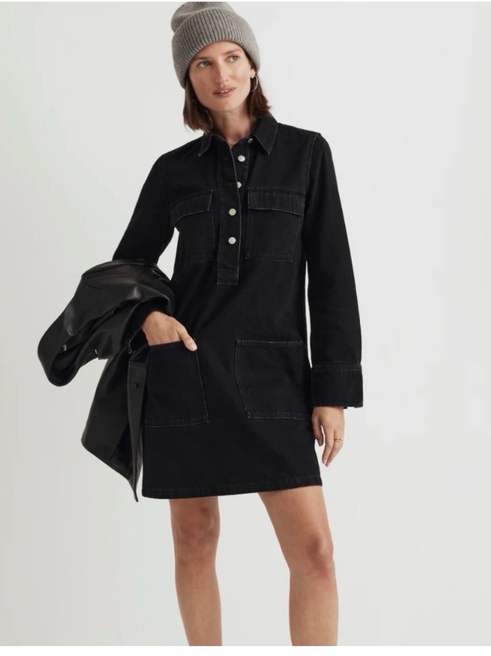 Madewell Black Denim Popover Mini Shirtdress Size Large Charcoal Black Utility